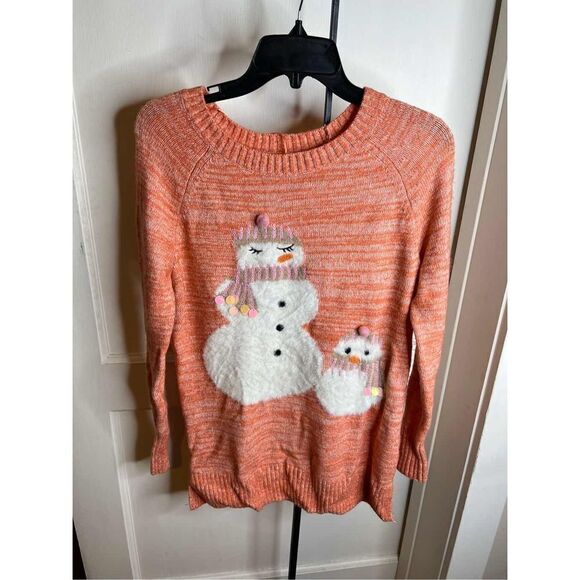LC LAUREN CONRAD Sweater Small Coral Orange Snowman Graphic Christmas - Picture 2 of 5